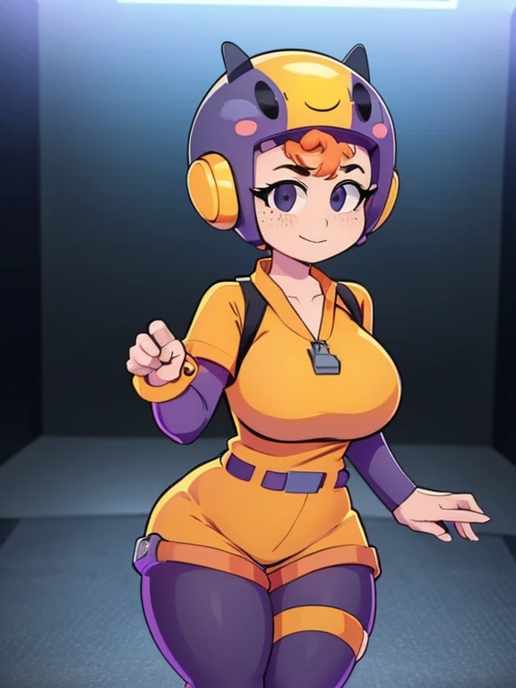 bsbea, adult, solo, black eyes, yellow jumpsuit, shorts, purple belt, purple long stockings, orange hair, zip tab, freckles, ssm...