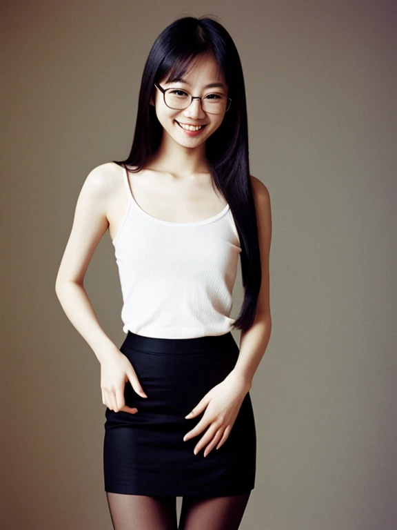 asian, glasses,  small breasts, topless, smile, sexy pencil skirt, tights, long straight hair, long legs