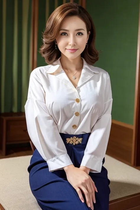 Mature and attractive woman,より大きなbreastsout,detailed facial features,Beautiful eyes,Full lips,long eyelashes,Perfectly styled hair,luxurious《White blouses、白いbreastsout元ギャザーYシャツ》Put on the,Standing confidently,Smile radiantly,With a captivating gaze,posing ...