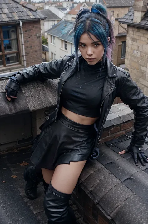 girl with blue hair on a roof, messy hair, 1 girl, solo, black fingerless gloves, black leather jacket, blue shirt, black skirt, ponytail, black boots, , small pink highlights in hair