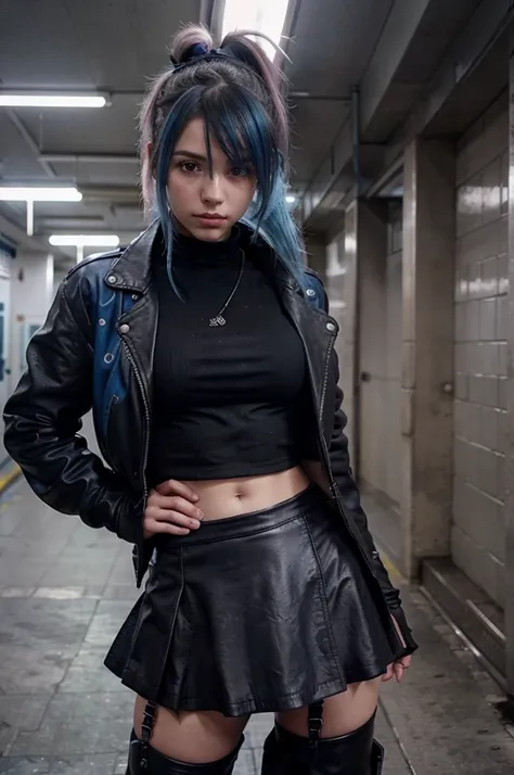 girl with blue hair in a metro, messy hair, 1 girl, solo, black fingerless gloves, black leather jacket, blue shirt, black skirt, ponytail, black boots, , small pink highlights in hair