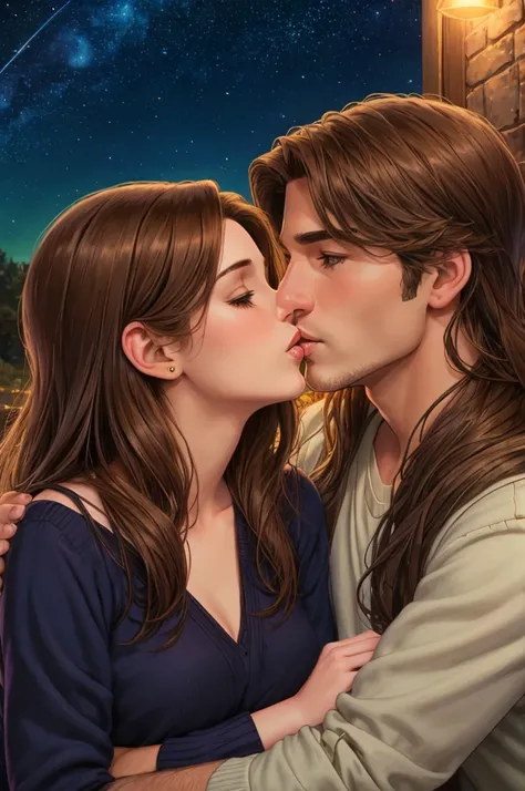 Draw a couple kissing. The man has very long brown hair. The woman has shoulder-length brown hair. In the background is a beautiful starry sky. Romantic. Warm color. Masterpiece. 4 K.