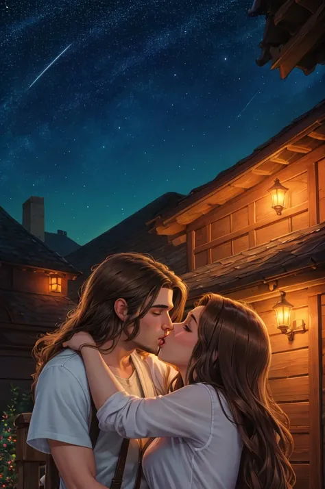 Draw a couple kissing. The man has very long brown hair. The woman has shoulder-length brown hair. In the background is a beautiful starry sky. Romantic. Warm color. Masterpiece. 4 K.