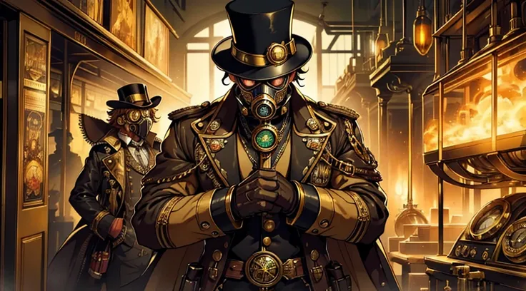 Man in a golden gas mask and top hat and in a golden steampunk style costume and in golden steampunk style gloves and in the background a golden steampunk clock and golden floating cities and bright green lights and red clouds