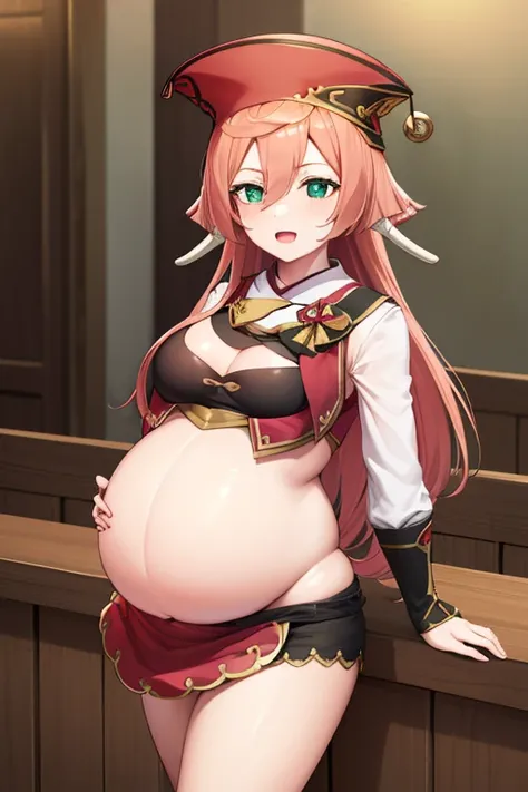 yanfei, yanfei, antlers, horns, pink hair, long hair, hair between eyes, (green eyes:1.5), open mouth, smile,
BREAK black bra, black shorts, boots, bow, bra, high heels, long sleeves, midriff, navel, red headwear, red skirt, red vest, shorts, skirt, two-to...