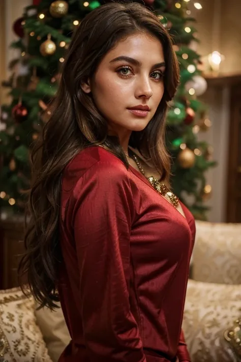 Her eye color should be green, her skin should be white, her hair should be wavy, her body should be full, she should have a well-shaped body, she should have an Iranian face. She has brown hair Luxury Christmas tree background In a red shirt with jewels