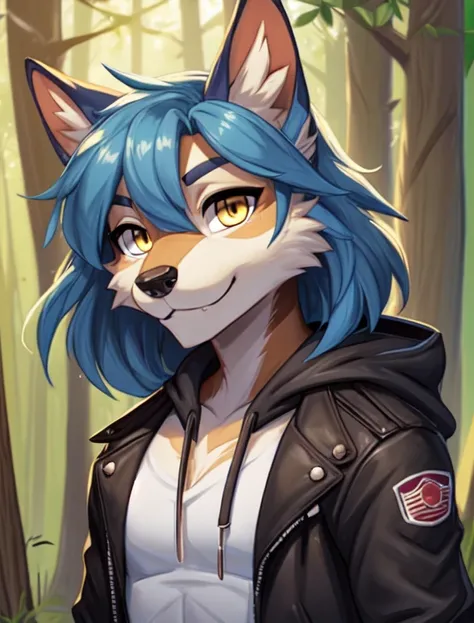 furry boy,with blue hair, withhood jacket, yellow eyes