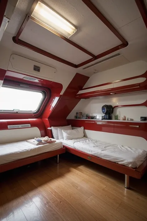 A sci-fi red and white apartment on a spaceship