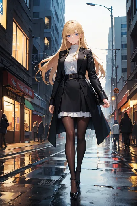 ((masterpiece, high resolution, best quality, best details, anime)), a mature woman standing on the street, winter coat, black pantyhose, high-heeled slippers, short skirt, long hair, blonde hair, blue eyes, cityscape, rain, at night,