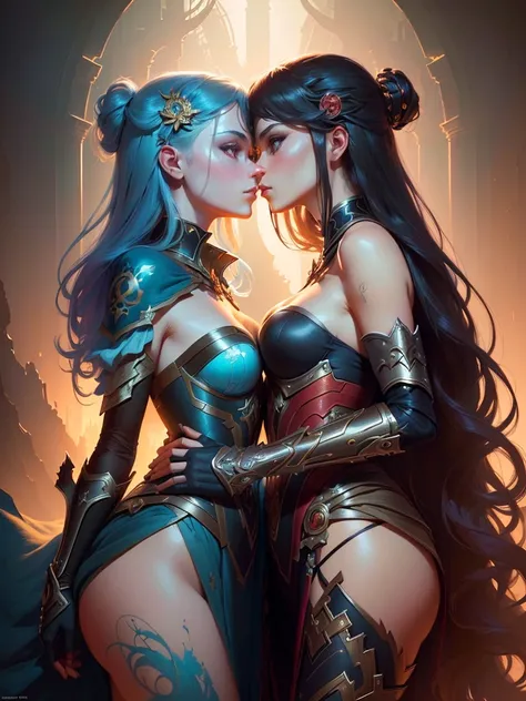 Masterpiece, Best Quality, (Very Detailed CG Unity 8k Wallpaper), (Best Quality), (Best Illustration), (Best Shadows), Absurd, Realistic Lighting, (Abyss), Beautiful Detailed Glow, PeterMohrBacher the art of, (2girls, kiss, eye contact:1.2).