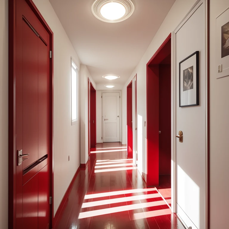 A spaceship red and white apartment hallway