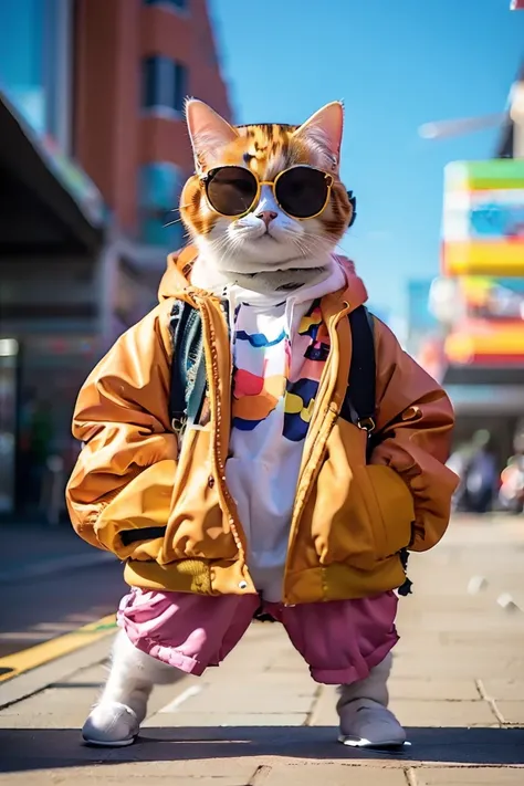 Perfect centering, Cute cat, Wearing a jacket, Wear sunglasses, Wearing headphones, Tolerable, standing position, abstract beauty, centered, Looking at the camera, Facing the camera, approaching perfection, Dynamic, highly detaild, silky, Sharp focus, 8K、r...