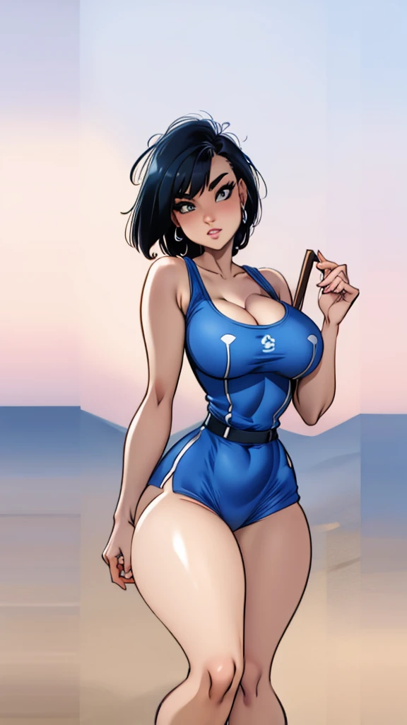 Beautiful girl with short black hair.  She is wearing a white tank top and a blue jumpsuit.Another planet background. big tits. He has a scythe in his right hand