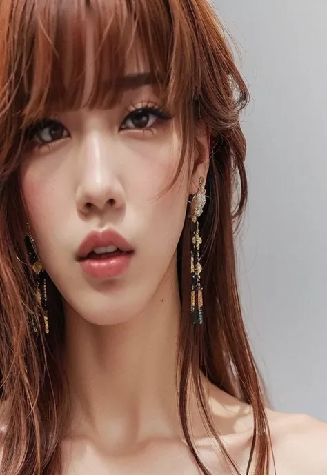 um close up de uma mulher com cabelos longos usando brincos, Dom Yunjoo, Janice cantou, Lalisa Manobal, Heonhwa Choe, park Ji-Min, jossi do blackpink, com franja, TaeJune Kim, Kim Hyun Joo, Ji-Min, Lalisa Manoban do Blackpink, Shin min jeong, portrait of j...