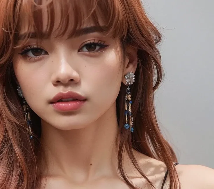 um close up de uma mulher com cabelos longos usando brincos, Dom Yunjoo, Janice cantou, Lalisa Manobal, Heonhwa Choe, park Ji-Min, jossi do blackpink, com franja, TaeJune Kim, Kim Hyun Joo, Ji-Min, Lalisa Manoban do Blackpink, Shin min jeong, portrait of j...