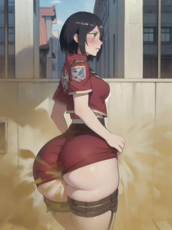 ((mikasa)),((velocity)),Attacked by farts, (((Women stand)),Embarrassed,velocity,((classic city)),((One Woman)),((fart while stand),her butt facing screen,fullbody,detailed eyes,blushing)),(​masterpiece:1.2、top-quality)、(the Extremely Detailed CG Unity 8K ...