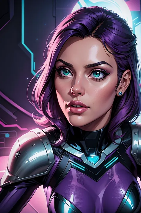 (best quality,8k:1.2,high resolution:1.2),ultra-detalhado,Realistic,science fiction female superhero,retro futurism,Loira,belos olhos detalhados,beautiful detailed lips,olhos e rosto extremamente detalhados,long eyelashes,purple latex clothing,terno aperta...