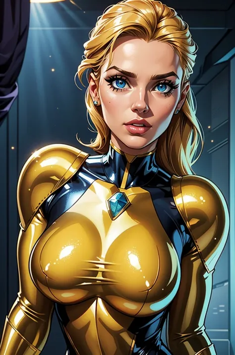 (best quality,8k:1.2,high resolution:1.2),ultra-detalhado,Realistic,science fiction female superhero,retro futurism,Loira,belos olhos detalhados,beautiful detailed lips,olhos e rosto extremamente detalhados,long eyelashes,gold latex micro dress,Shiny Metal...