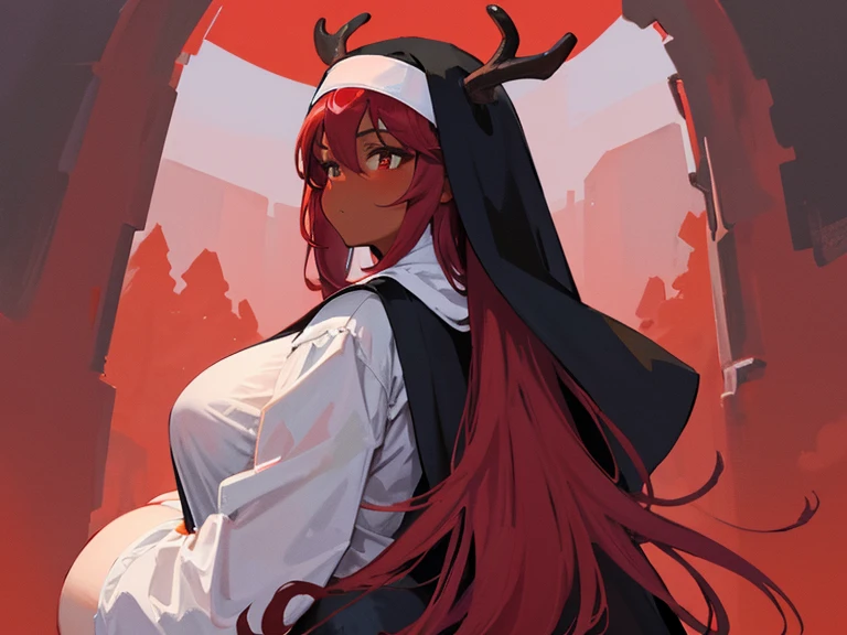 red long hair, (dark skinned female), (nun), milf, gigantic bleasts, sagging bleasts, Big ass, Deer antlers, heavy body, large body, venus body, red blush, stockings, winter forest background, dagger, hollor, malticoroled hair,