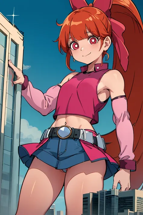 1girl, ppgzmmk, long hair, red hair, hair bow, blunt bangs, ponytail, red eyes, bright pupils, (pink crop sleeveless shirt, long sleeves, striped sleeves:1.1), (denim, short skirt:1.1), standing, smile, looking at viewer, closed mouth, city