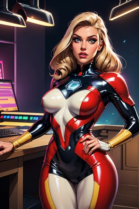 (best quality,8k:1.2,high resolution:1.2),ultra-detalhado,Realistic,science fiction female superhero,retro futurism,brunete,belos olhos detalhados,beautiful detailed lips,olhos e rosto extremamente detalhados,long eyelashes,red latex micro dress,apertado,b...