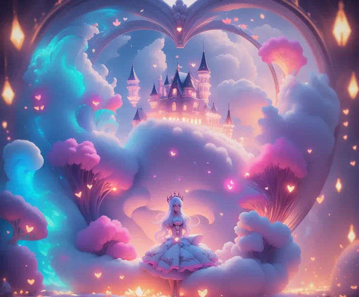 inside a heart shaped bubble a Cotton Candy Queen Women Goddess 8k Resolution Rendered Hyper Realistic Intricate Detail lives in an frosty heart shaped  bubble, a fanciful place filled with castles, cotton candy, swans lakes and fluffy clouds, An intricate...