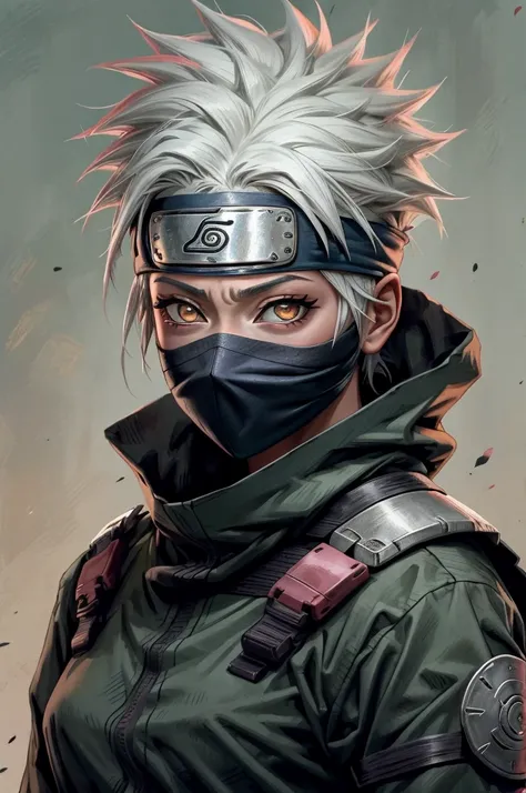 kakashi is a woman , 1st grade, sozinha, foco feminino, brilhar, olhos vermelhos, heterochromatic, looking up at the audience, o...