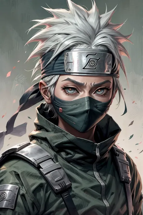 kakashi is a woman , 1st grade, sozinha, foco feminino, brilhar, olhos vermelhos, heterochromatic, looking up at the audience, o...