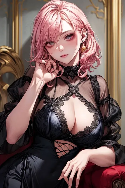 ((1male people：Piercing in the left ear,、((Golden hair))、tall、tall、Tall、a handsome、refreshing、burly))、(((1female：Pink hair、Long、short、Best style、F-cup、see-through sexy dress、Beautuful Women)))、(((a couple、Flirting)))、{(Best Quality, 8K, masutepiece, nffsw,...