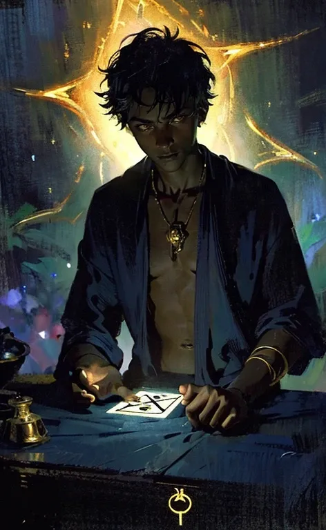 Impressionist painting, Realistic, 1boy, fortune teller, tarot cards on the table, Looking at Viewer, Dark skin, Mystical, Magical, Glow, Glowing, dark Magical lighting, Moody, Cinematic, spark of light, Glittering, darkness