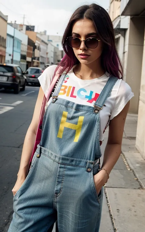 award winning fashion couture muted flashy colored oversized dungaree with big letter text "BILLO" in cool printed shapes WEARING SUNGLASSES  --weird 1500 .0 --style raw --v 6 --s 2