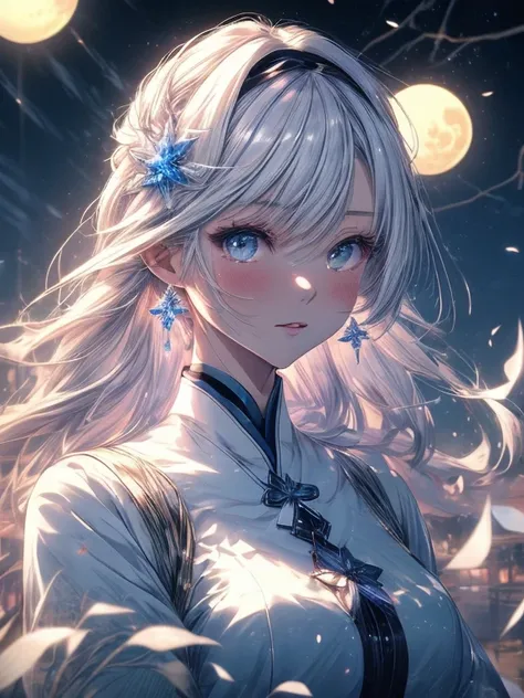 Paradise in Heaven, White lighting,(masutepiece), (Best Quality), (Cinematic), 8K, (art  stations), Li Yue painting style.(長いWhite hairとSilvery eyesを持つ1人の女), (Beautiful delicate face)、[ Particle Lou Full Moon] [Frozen trees々] [landscape crystal] [Lighting]...