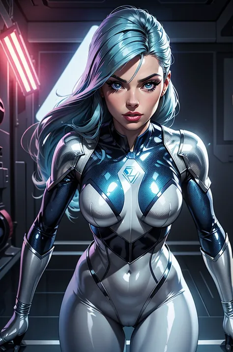 (best quality,8k:1.2,high resolution:1.2),ultra-detalhado,Realistic,science fiction female superhero,retro futurism,blue hair,belos olhos detalhados,beautiful detailed lips,olhos e rosto extremamente detalhados,long eyelashes,transparent silver latex Leota...