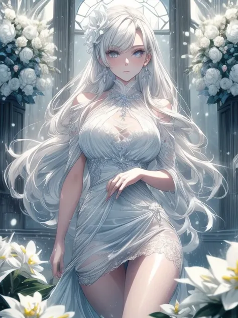 Paradise in Heaven, White lighting,(masutepiece), (Best Quality), (Cinematic), 8K, (art  stations), Li Yue painting style.(長いWhite hairとSilvery eyesを持つ1人の女), (Beautiful delicate face)、[ Particle Lou Full Moon] [Frozen trees々] [landscape crystal] [Lighting]...