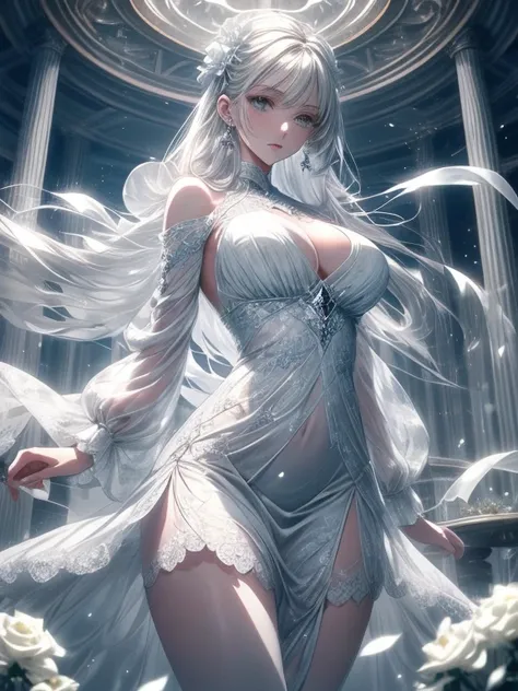 Paradise in Heaven, White lighting,(masutepiece), (Best Quality), (Cinematic), 8K, (art  stations), Li Yue painting style.(長いWhite hairとSilvery eyesを持つ1人の女), (Beautiful delicate face)、[ Particle Lou Full Moon] [Frozen trees々] [landscape crystal] [Lighting]...