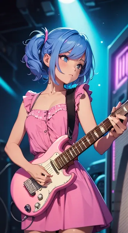 masterpiece, best quality, highly detailed, a girl playing an electric guitar, short pink dress, blue hair, 80s, neon, synthwave