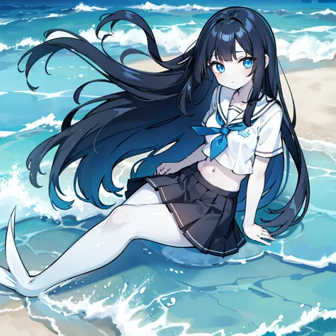 a mermaid girl wear school tops and skirt , she has a blue eyes, long black hair , and white skin with beachside background