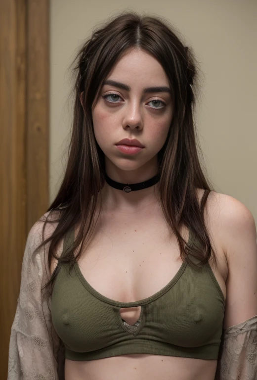 a beautiful photograph of Billie Eilish,brown hair, ojos verdes, Textura detallada de la piel,Obra maestra, Enfoque facial, fotorrealista, Mujer, 4k, HDR, backluzing, florecer, luz, Foto en color RAW,(totalmente en el marco:1.1), (sonrojarse:0.5), (Piel de...