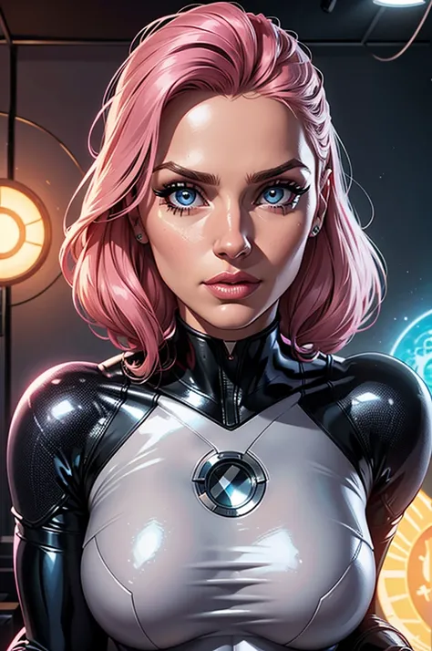 (best quality,8k:1.2,high resolution:1.2),ultra-detalhado,Realistic,science fiction female superhero,retro futurism,pink hair,belos olhos detalhados,beautiful detailed lips,olhos e rosto extremamente detalhados,long eyelashes,latex Leotard,Apertado,white t...