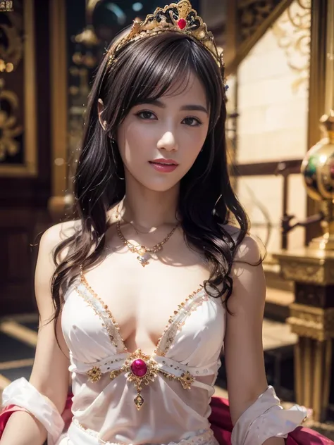 a young saint of 20 years old, Saint with a beautiful and super cute face, naked, showing her breast and genitals . Beautiful cute face, There is a deep slit in the chest、Beautiful face without blemish, Lovely smile, ((7 colors of hair length:1.2)), Big Cr...