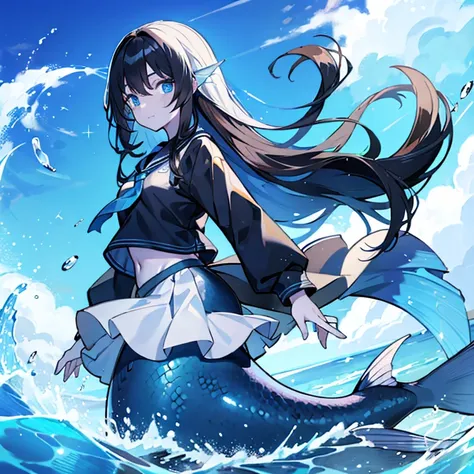 a mermaid girl wearing a school top and skirt, she has blue eyes, long black hair, a blue scaly fish tail and white skin with a ...