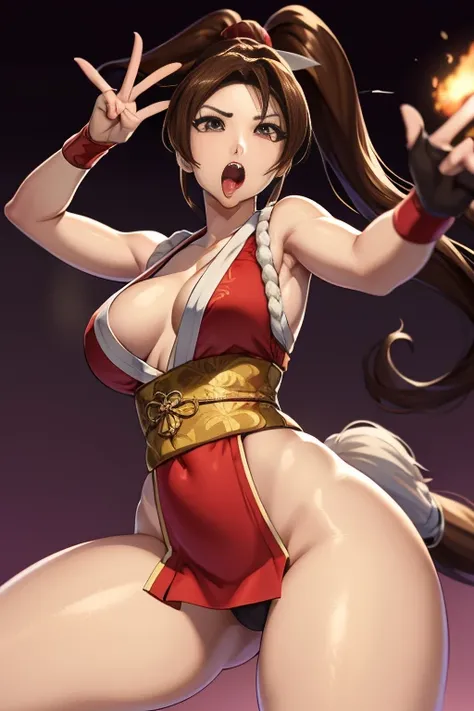 8K, Super detail, ccurate, Best quality, Masterpiece, Super detail, ，1girll，mai shiranui，Face focus，Single horsetail，Peace sign，Open mouth, Blush, Tongue stock, Tongue out, saliva, Rolling eyes