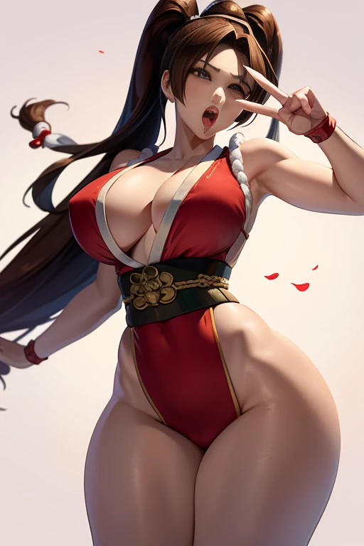 8K, Super detail, ccurate, Best quality, Masterpiece, Super detail, ，1girll，mai shiranui，Face focus，Single horsetail，Peace sign，Open mouth, Blush, Tongue stock, Tongue out, saliva, Rolling eyes