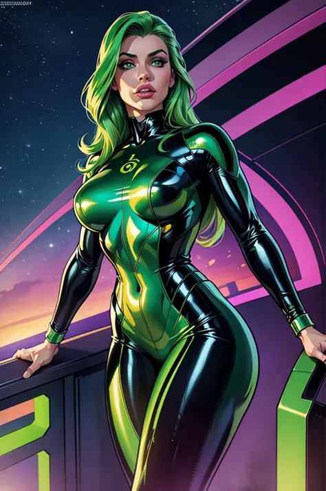 (best quality,8k:1.2,high resolution:1.2),ultra-detalhado,Realistic,science fiction female superhero,retro futurism,green hair,belos olhos detalhados,beautiful detailed lips,olhos e rosto extremamente detalhados,long eyelashes,purple and green latex catsui...