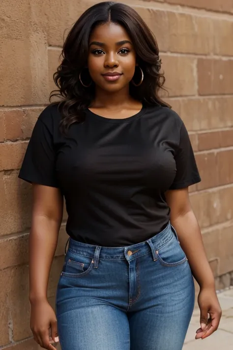 handsome and beautiful chubby African American women, medium brown skin tone, smirking with natural brown hair half body shot wearing a black t-shirt and jeans