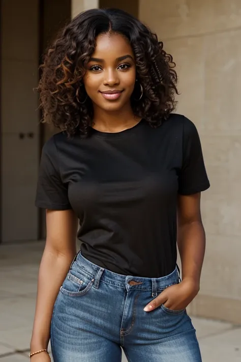 handsome and beautiful big African American women, medium brown skin tone, smirking with curly brown hair half body shot wearing a black t-shirt and jeans