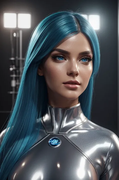 (best quality,8k:1.2,high resolution:1.2),ultra-detalhado,Realistic,science fiction female superhero,retro futurism,blue hair,belos olhos detalhados,beautiful detailed lips,olhos e rosto extremamente detalhados,long eyelashes,transparent silver latex Leota...