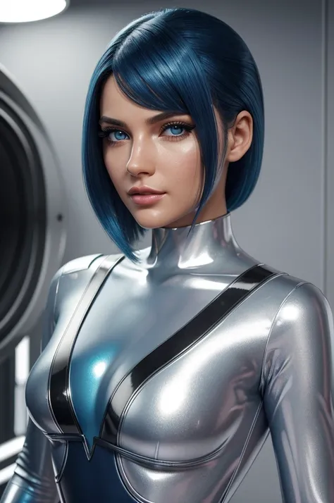 (best quality,8k:1.2,high resolution:1.2),ultra-detalhado,Realistic,science fiction female superhero,retro futurism,blue hair,belos olhos detalhados,beautiful detailed lips,olhos e rosto extremamente detalhados,long eyelashes,transparent silver latex Leota...