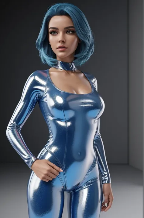 (best quality,8k:1.2,high resolution:1.2),ultra-detalhado,Realistic,science fiction female superhero,retro futurism,blue hair,belos olhos detalhados,beautiful detailed lips,olhos e rosto extremamente detalhados,long eyelashes,transparent silver latex Leota...