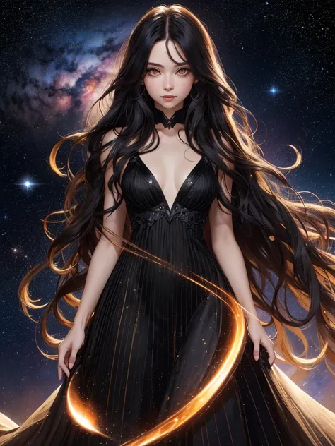 Photorealistic incredibly beautiful girl with long flowing black wavy hair, chest visible, amber eyes, wearing a dress made of stars, standing in the middle of a galaxy, surrounded by stars